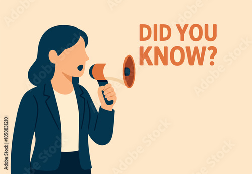 Did you know, fun fact, idea or advice message, useful knowledge or wisdom, expert information, explanation or solution, useful tips concept, woman talk on megaphone on did you know speech bubble.