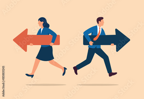 Different individual way, different business direction or team conflict, opposite decision, contrast or disagreement concept, businessman and businesswoman holding arrow running in opposite position.