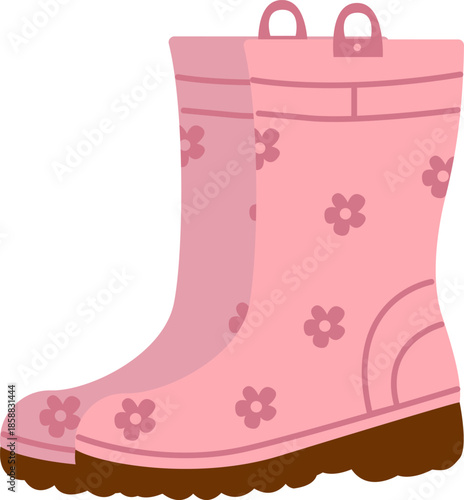 Pink rubber boots with floral pattern, garden rubber boots, waterproof footwear vector. Pair of stylish pink rubber boots with floral pattern and muddy sole. Concept of gardening, rainy weather