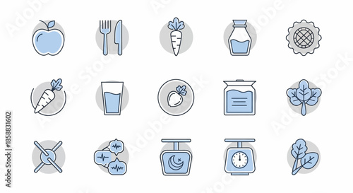 Collection of healthy food icons representing various fruits, vegetables, and kitchen tools for balanced nutrition.