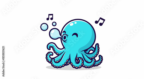Cute Blue Octopus Singing and Bubbling Underwater.