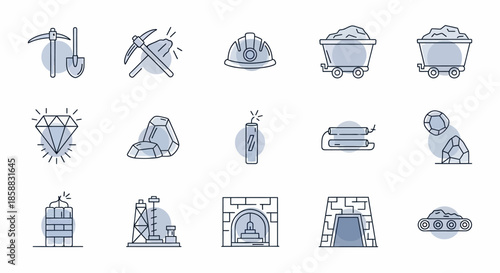 Mining equipment and tools icons set, representing the mining industry.