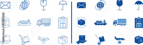 Logistics and Delivery Icons: A collection of concise, modern icons representing various aspects of logistics and delivery, perfect for illustrating shipping processes and international trade. 