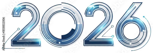 Futuristic digital style numbers 2026 with blue glow and circuit design