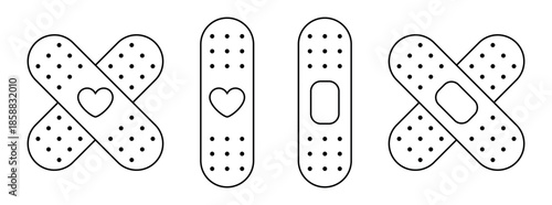 Medical bandage icons set with heart and patch symbols representing healing, care and emotional support. Minimalist line illustration concept for therapy, health care, recovery and compassion