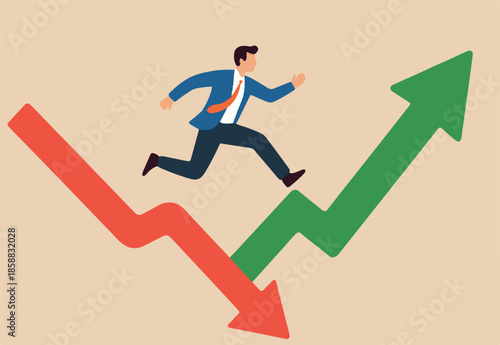 Economic and investment improvement or recover from crisis, stock market or crypto uncertainty, change from down turn to rising up concept, businessman investor jumping from red to rising up arrow.