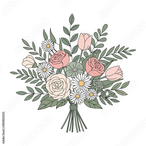 A beautiful bouquet of pink roses, white daisies, and green leaves tied together with a ribbon