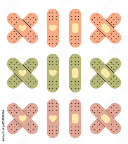 Medical bandage icons. Colorful set with heart symbols representing healing, care and emotional support. Minimalist illustration concept for health care, therapy, recovery, kindness and compassion
