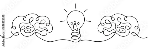 Two human brains connected through light bulb symbolizing reflection, idea exchange and thinking process. Minimalist continuous line art concept for psychology, creativity, insight and mental balance
