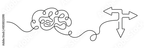 Human brain connected to directional arrows symbolizing choice, decision making and doubt. Minimalist continuous line art concept for psychology, thinking process, uncertainty and mental direction