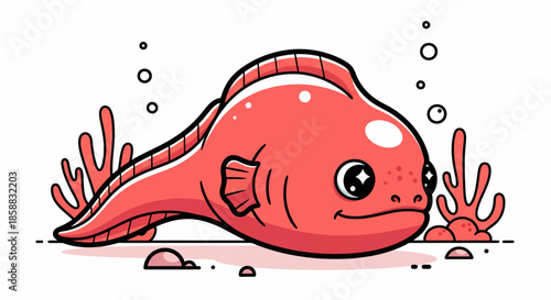 Cute Cartoon Red Anglerfish Underwater Illustration.