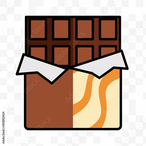 An illustration of a chocolate bar partially unwrapped showing its creamy filling inside 