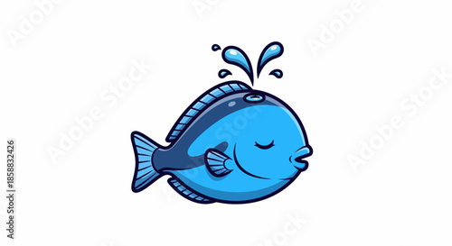 Cute Blue Fish Spouting Water Cartoon Illustration.