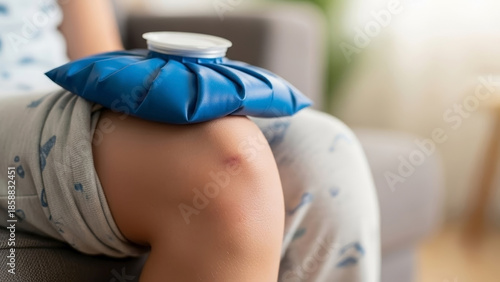 Cold compress ice pack on child knee for soothing minor injury or bruise on skin. Blue ice pack child knee applied to painful leg. Home remedy concept for first aid, discomfort relief and health care.