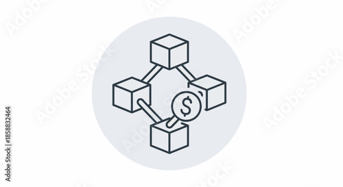 Blockchain technology concept with financial transactions and currency.