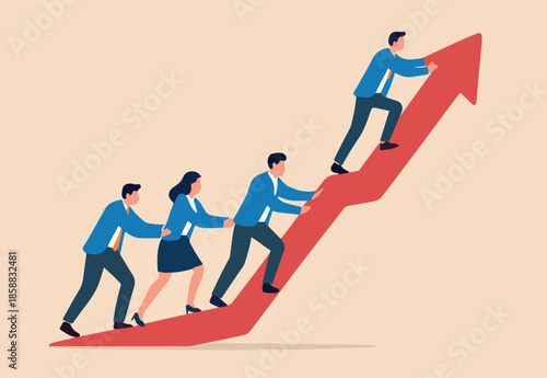 Effort to improve and grow business, teamwork or team collaboration to help pushing company to success, career growth or growing company concept, business people team help pushing arrow rising up.