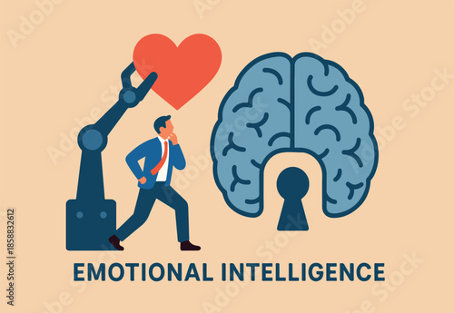 Emotional intelligence ability to understanding emotions and control self positive way, balance between heart and brain, reason and emotion concept, machine put positive heart shape into human brain.