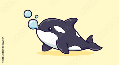 Cute Cartoon Orca Whale Blowing Bubbles Underwater.