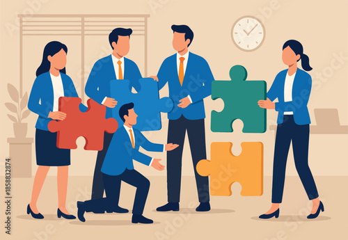 Employee engagement improve involvement or encourage employee success together, increase value and workplace motivation concept , employees help complete jigsaw in their office.