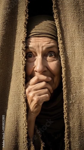 Sarah's hidden laughter, a tight shot of an old Hebrew woman named Sarah peeking from behind a heavy tent flap, a hand covering her mouth to stifle a laugh of disbelief, her eyes crinkling .