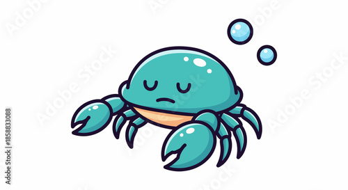 Sad Cartoon Crab Underwater with Bubbles.