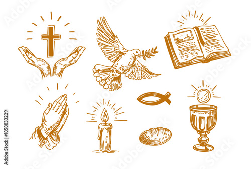 Symbols of the Christian faith, vector hand drawn illustrations