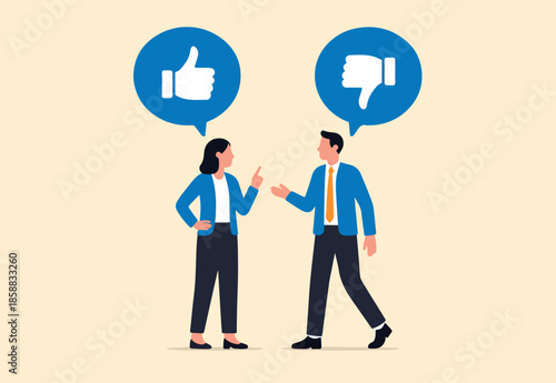 Employee feedback, opinion or colleague voice for improvement, message discussion, telling or comment each other, appraisal or review process, businessman and woman telling feedback to each other.