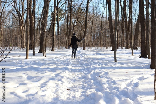 A woman in a path in winter. Forest with snow and someone walking. Hiking and trail in winter and outdoor activities. Relaxing in the forest in winter.