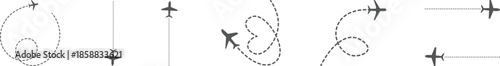 Airplane Plane routes line set. Planes dotted flight pathway. Plane paths. Aircraft tracking, planes, travel, map pins, location pins .start point line trace and plane routes. Airplane flight path.