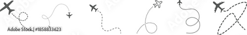 Airplane Plane routes line set. Simple airplane travel line path with map pins. Airplane dashed route path. Airplane flight path with destination pin Multiple black airplane silhouettes flying along.