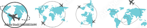 Airplane Plane routes line set. Simple airplane travel line path with map pins. Airplane dashed route path. Airplane flight path with destination pin Multiple black airplane silhouettes flying along.