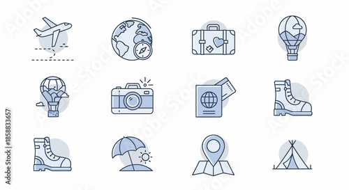 Collection of travel-related icons representing various aspects of tourism and exploration.