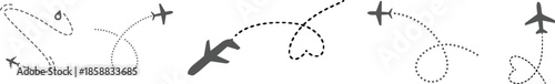 Airplane Plane routes line set. Simple airplane travel line path with map pins. Airplane dashed route path. Airplane flight path with destination pin Multiple black airplane silhouettes flying along.