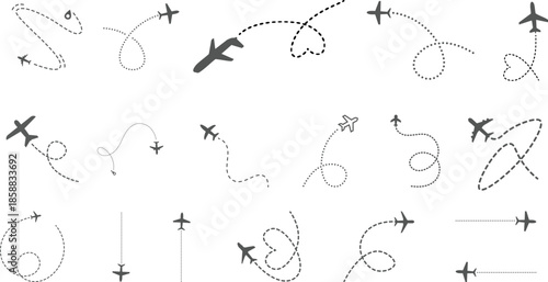 Airplane Plane routes line set. Simple airplane travel line path with map pins. Airplane dashed route path. Airplane flight path with destination pin Multiple black airplane silhouettes flying along.