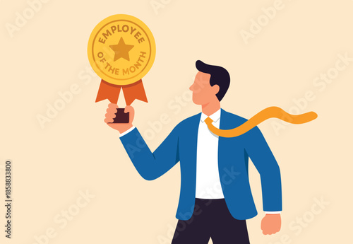 Employee of the month award winner, high performance champion, gold medal reward, success or victory recognition prize, leadership or achievement concept, success businessman holding trophy badge.