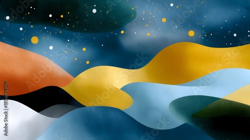 Abstract landscape background with textured colorful waves and golden stars under night sky