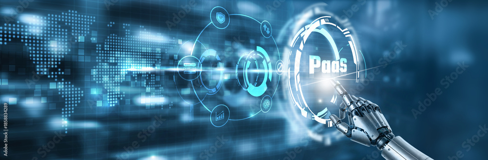 Fototapeta premium Touching the hand of robot PaaS, cloud platform, software deployment, app development, cloud computing, digital infrastructure on digital interface.