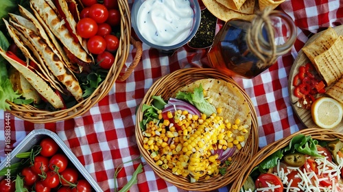Overhead shot of picnic feast featuring tacos, snacks, and condiments on a checkered tablecloth