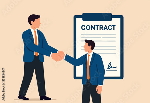 Employment contract agreement, corporate partnership document with signature, new employee signing contract, legal paperwork, recruitment document concept, businessman handshake with contract paper.