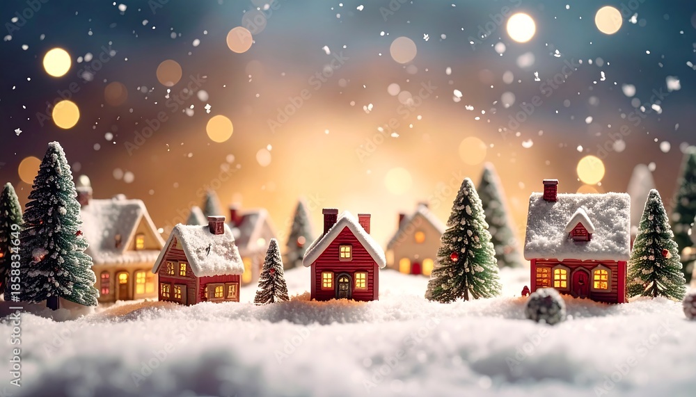 Fototapeta premium Miniature village under a snowfall with illuminated homes and Christmas trees, evoking a festive atmosphere