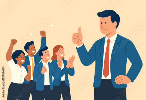Encouragement or support employee to success, cheering, praise to raise motivation, winning pride inspiration, boost employee ambition concept, businessman giving thumb up to encourage employees.