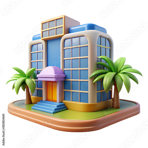 Glossy 3D Hotel Building with Palm Trees Isolated on Transparent Background