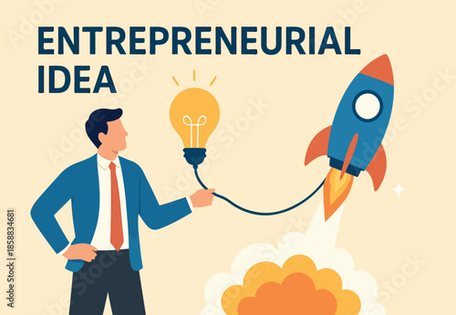 Entrepreneur business idea creating startup company, start new business with creativity, innovation, company founder, inventor or development, businessman connect lightbulb idea with launching rocket.