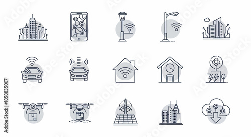 Smart city technology icons representing connectivity and innovation in urban environments.