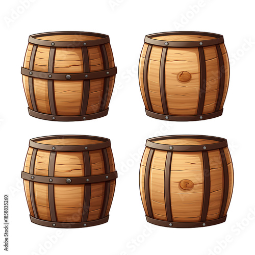 Three wooden barrels on white background