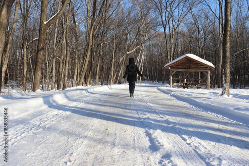 A woman in a path in winter. Forest, snow, wooden shelter and someone walking. Hiking and trail in winter and outdoor activities. Relaxing in the forest in winter.	