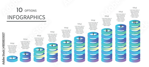 Colorful 3D cylinder infographic with 8 vertical bars numbered from 1 to 10 Each bar increases in height and is topped with a flat icon representing categories such as chart, shield, progress, message
