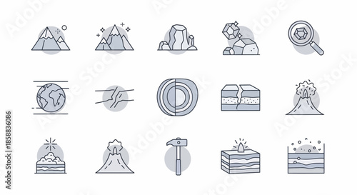 Geology Icons - Mountains, Earth Core, Volcanoes, and Mineral Exploration.