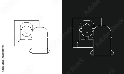 Woman Looking in Mirror Icon, Minimalist Line Art Vector for Self-Reflection, Identity, Personal Care, Mental Health, and Body Image Awareness Symbol