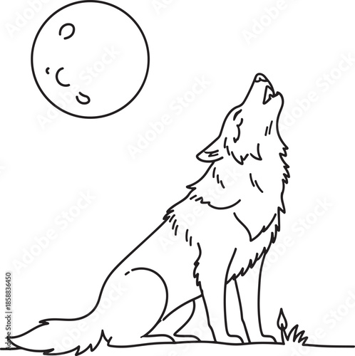 A solitary wolf howls at the bright moon in a simple line drawing